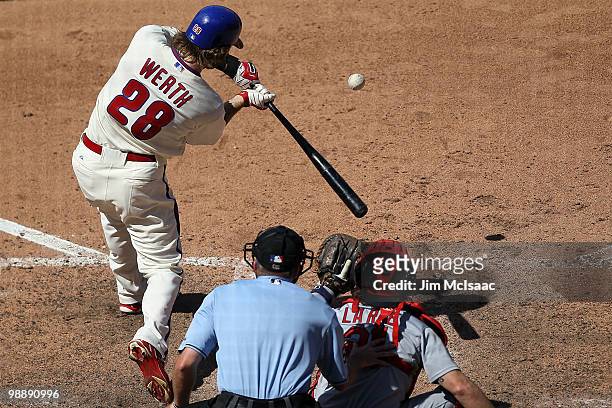 Jayson Werth of the Philadelphia Phillies connects on a seventh inning double against the St. Louis Cardinals at Citizens Bank Park on May 6, 2010 in...