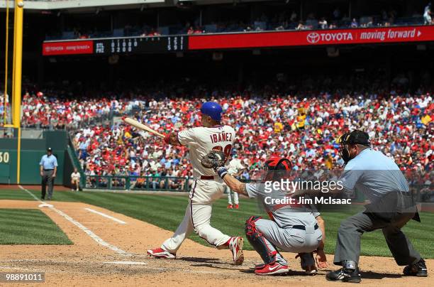 Raul Ibanez of the Philadelphia Phillies connects on a fifth inning home run against the St. Louis Cardinals at Citizens Bank Park on May 6, 2010 in...