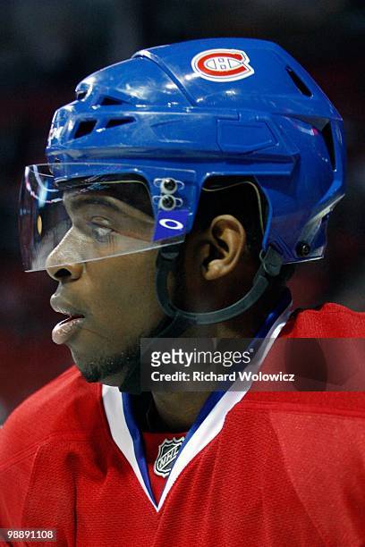 Subban of the Montreal Canadiens skates during the warm up period prior to facing the Pittsburgh Penguins in Game Three of the Eastern Conference...