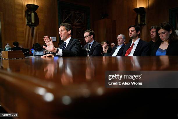 Treasury Secretary Timothy Geither testifies during a hearing before the Financial Crisis Inquiry Commission May 6, 2010 on Capitol Hill in...