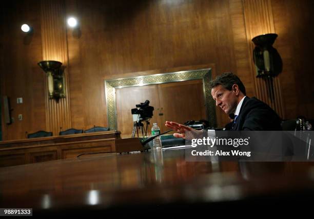 Treasury Secretary Timothy Geither testifies during a hearing before the Financial Crisis Inquiry Commission May 6, 2010 on Capitol Hill in...