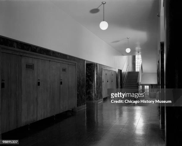 Interior view showing a hallway at the Grimes School building, June 1940. The school is located at 804 Walnut Street in Burlington, IA.
