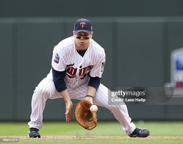 Justin Morneau of the Minnesota Twins during the game against the Detroit Tigers on May 5, 2010 at Target Field in Minneapolis, Minnesota. The Twins...