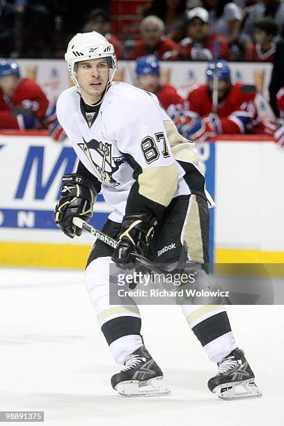 Sidney Crosby of the Pittsburgh Penguins skates in Game Three of the Eastern Conference Semifinals against the Montreal Canadiens during the 2010 NHL...