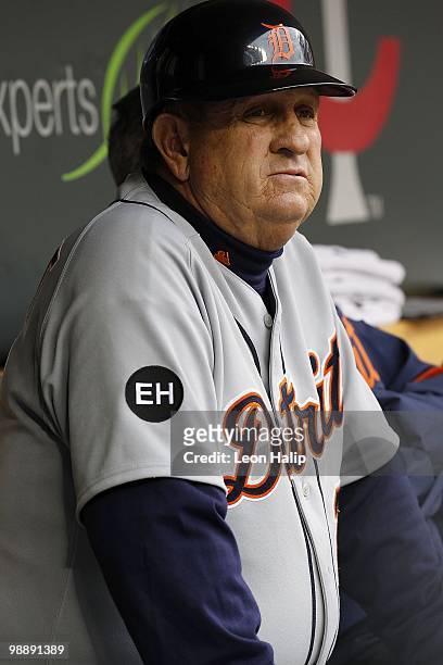 Third base coach Gene Lamont of the Detroit Tigers during the game against the Minnesota Twins on May 5, 2010 at Target Field in Minneapolis,...