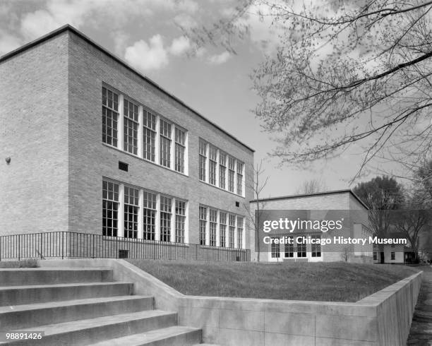 Exterior view showing the stairs at the Grimes School building, June 1940. The school was located at 804 Walnut Street in Burlington, IA.