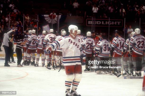 Mark Messier of the New York Rangers celebrates after guaranteeing the victory against the New Jersey Devils in Game 7 of the 1994 Eastern Conference...