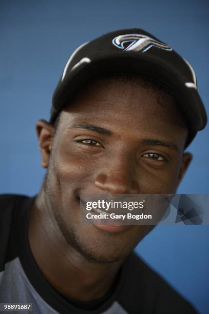 Minor League Baseball: Closeup portrait of Toronto Blue Jays prospect Adeiny Hechavarria during extended spring training photo shoot at Dunedin...