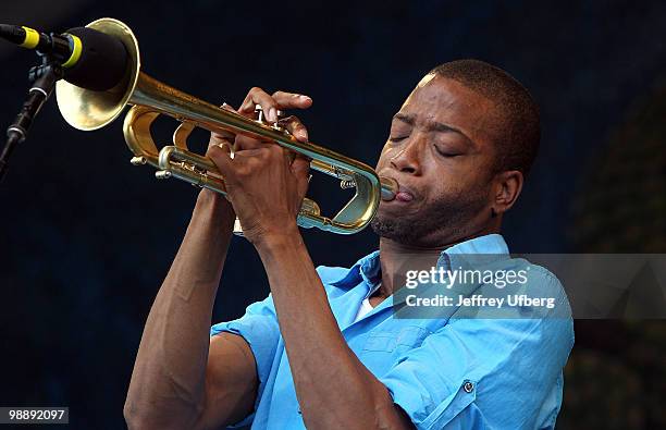 Musician Trombone Shorty performs during day 7 of the 41st annual New Orleans Jazz & Heritage Festival at the Fair Grounds Race Course on May 2, 2010...