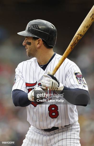 Nick Punto of the Minnesota Twins bats in the second inning during the game against the Detroit Tigers on May 5, 2010 at Target Field in Minneapolis,...