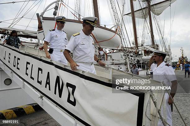 The càptain of Spain's sailboat Juan Sebastian de Elcano is welcomed upon arriving at the port of Guayaquil, Ecuador, during the Bicentennial Race,...