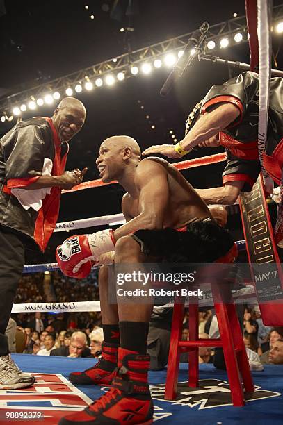 Floyd Mayweather Jr. In corner with trainer, uncle Roger Mayweather during fight vs Shane Mosley at MGM Grand Garden Arena. Las Vegas, NV 5/1/2010...