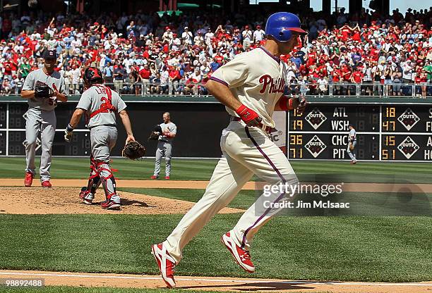 Raul Ibanez of the Philadelphia Phillies trots home after his fifth inning home run against Blake Hawksworth of the St. Louis Cardinals at Citizens...