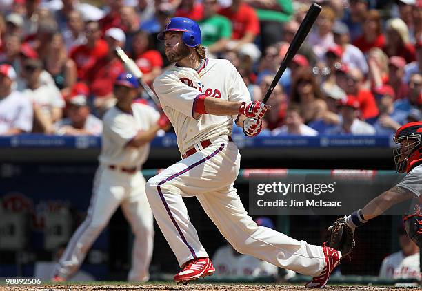 Jayson Werth of the Philadelphia Phillies follows through on a second inning double against the St. Louis Cardinals at Citizens Bank Park on May 6,...