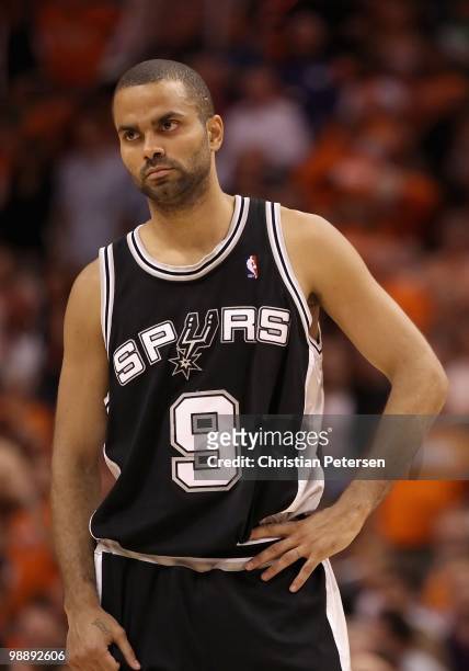 Tony Parker of the San Antonio Spurs reacts during Game Two of the Western Conference Semifinals of the 2010 NBA Playoffs against the Phoenix Suns at...
