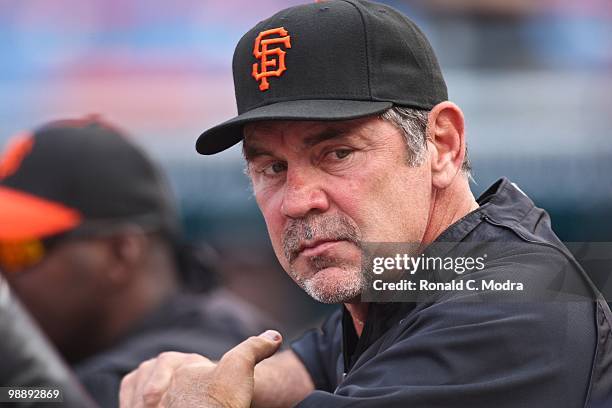 Manager Bruce Bochy of the San Francisco Giants during batting practice before a MLB a MLB game against the Florida Marlins in Sun Life Stadium on...