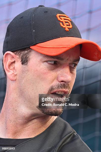 Aaron Rowand of the San Francisco Giants during batting practice against the Florida Marlins in Sun Life Stadium on May 4, 2010 in Miami, Florida.
