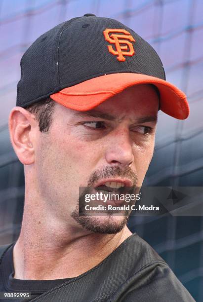 Aaron Rowand of the San Francisco Giants during batting practice against the Florida Marlins in Sun Life Stadium on May 2, 2010 in Miami, Florida.