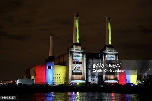 Projection promoting Sky HD lights up Battersea Power Station on May 6, 2010 in London, United Kingdom. After 5 weeks of campaigning, including the...