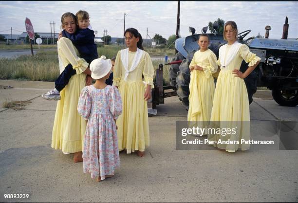 Afrikaner girls dressed up in traditional clothing at the Orania Show on April 3, 2004 in Orania, in the Northern Cape province, South Africa. The...