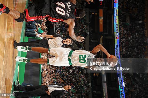 Ray Allen of the Boston Celtics shoots against Michael Beasley of the Miami Heat in Game Five of the Eastern Conference Quarterfinals during the 2010...