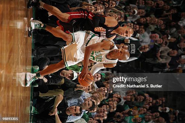 Ray Allen of the Boston Celtics looks to move the ball around Carlos Arroyo of the Miami Heat in Game Five of the Eastern Conference Quarterfinals...