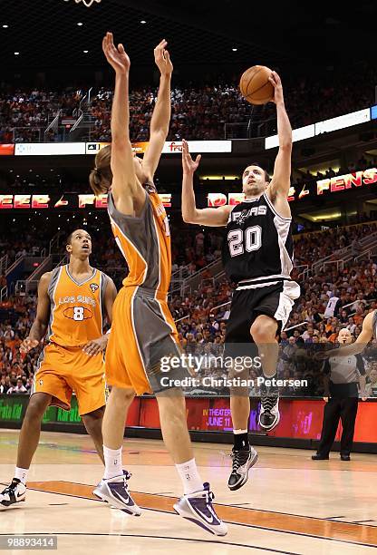 Manu Ginobili of the San Antonio Spurs puts up a shot against the Phoenix Suns during Game Two of the Western Conference Semifinals of the 2010 NBA...