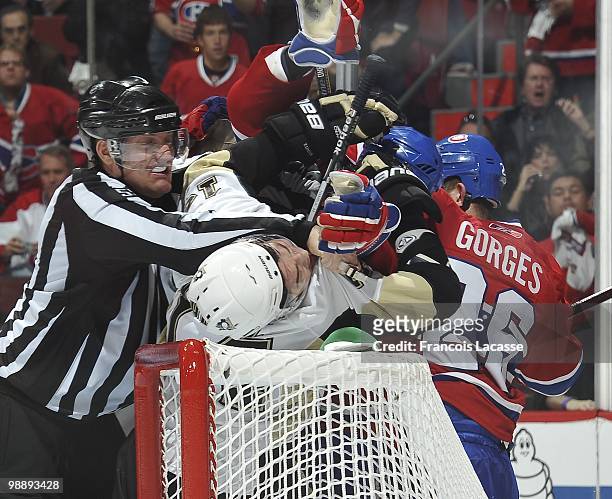 Chris Kunitz of the Pittsburgh Penguins argues with Josh Gorges of Montreal Canadiens in Game Three of the Eastern Conference Semifinals during the...