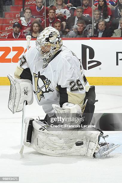 Marc-Andre Fleury of the Pittsburgh Penguins blocks a shot in Game Three of the Eastern Conference Semifinals against the Montreal Canadiens during...