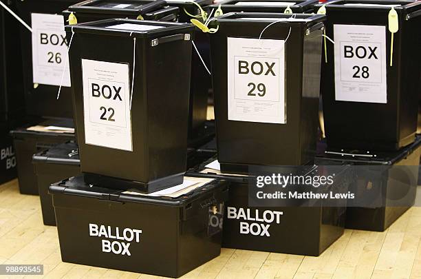 Ballot boxes are lined up during the 2010 General Election Count at Redditch Town Hall in the Redditch constituency of Jacqui Smith on May 6, 2010 in...