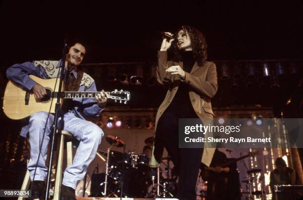 Country singers Chely Wright and Brad Paisley perform at the Fremont St. "Country Hoedown" in conjunction with the NFR on November 30, 2000 in Las...