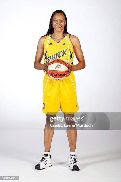 Marion Jones of the Tulsa Shock poses for a portrait on 2010 WNBA Media Day at the University of Tulsa Reynolds Center on May 3, 2010 in Tulsa,...