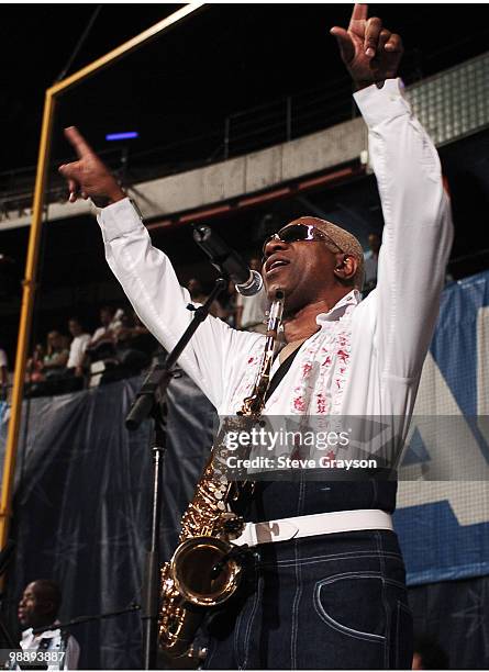 Dennis "DT" Thomas and Kool & the Gang perform during the postgame concert at Arena Bowl XIX in Las Vegas, Nevada on June 12, 2005.