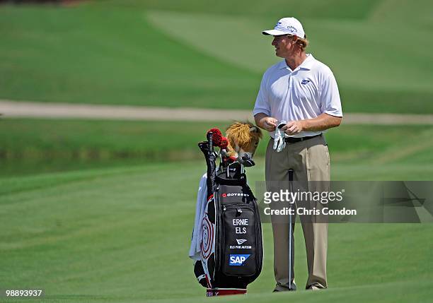 Ernie Els of South Africa waits to hit during the first round of THE PLAYERS Championship on THE PLAYERS Stadium Course at TPC Sawgrass on May 6,...