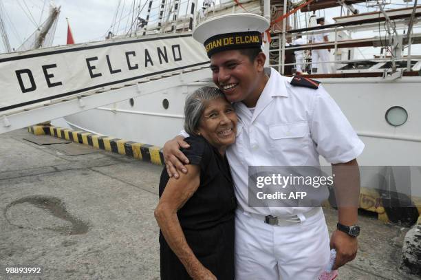 Ecuadorean Pedro mero , sailor aboard Spanish sailing ship Juan Sebastian De Elcano, meets with relatives upon arrival at the port of Guayaquil, May...