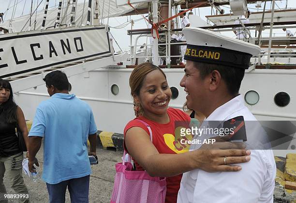Ecuadorean Pedro mero , sailor aboard Spanish sailing ship Juan Sebastian De Elcano, meets with relatives upon arrival at the port of Guayaquil, May...