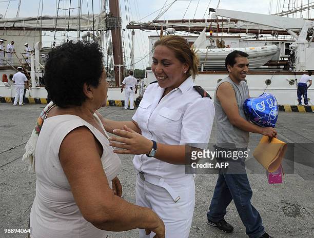 Ecuadorean Jaqueline Jaramillo , member of the crew aboard Spanish sailing ship Juan Sebastian De Elcano, greets her grandmother upon arrival at the...