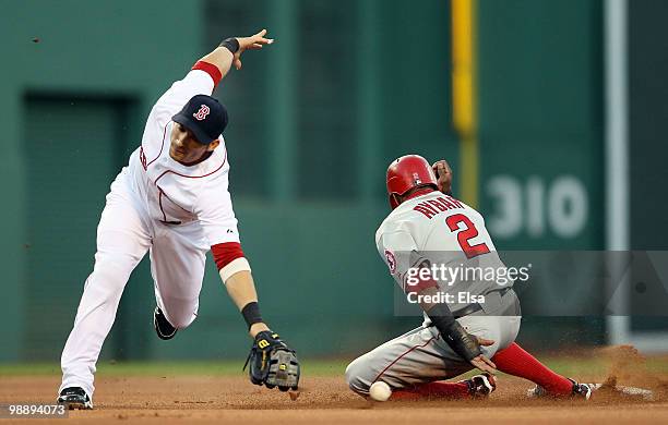 Erick Aybar of the Los Angeles Angels of Anaheim safely steals second base as Marco Scutaro of the Boston Red Sox is unable to make the tag on May 6,...