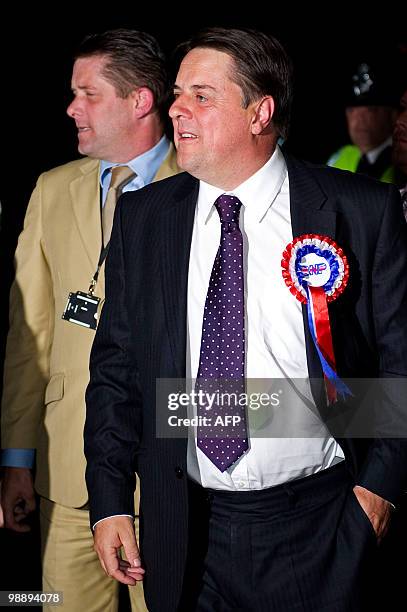 British National Party Leader , and candidate for Barking, Nick Griffin arrives at the count centre in Dagenham, east London on May 6, 2010....