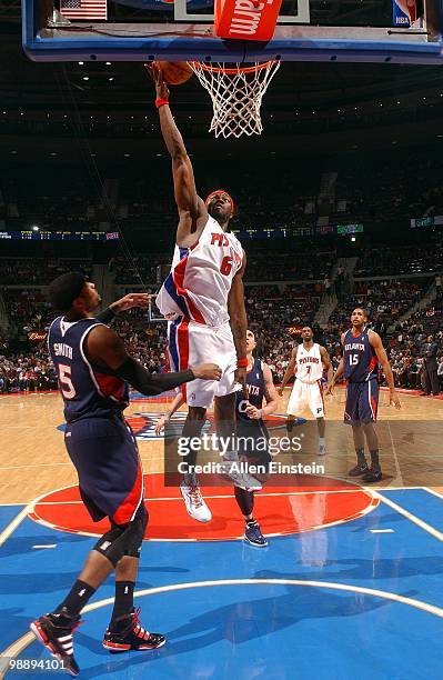 Ben Wallace of the Detroit Pistons puts a shot up against the Atlanta Hawks during the game at the Palace of Auburn Hills on April 7, 2010 in Auburn...