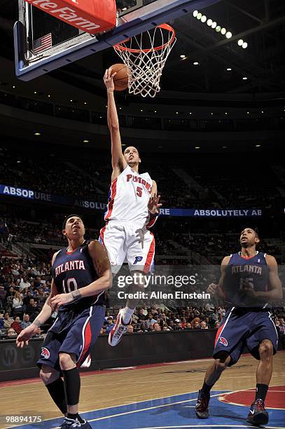 Austin Daye of the Detroit Pistons makes a layup against the Atlanta Hawks during the game at the Palace of Auburn Hills on April 7, 2010 in Auburn...