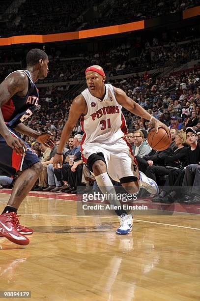 Charlie Villanueva of the Detroit Pistons drives the ball against the Atlanta Hawks during the game at the Palace of Auburn Hills on April 7, 2010 in...