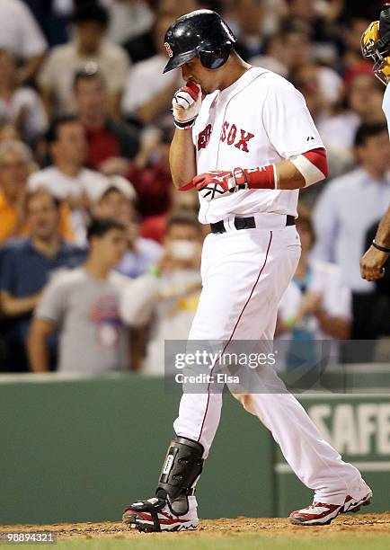 Victor Martinez of the Boston Red Sox celebrates his two run homer in the third inning against the Los Angeles Angels of Anaheim on May 6, 2010 at...