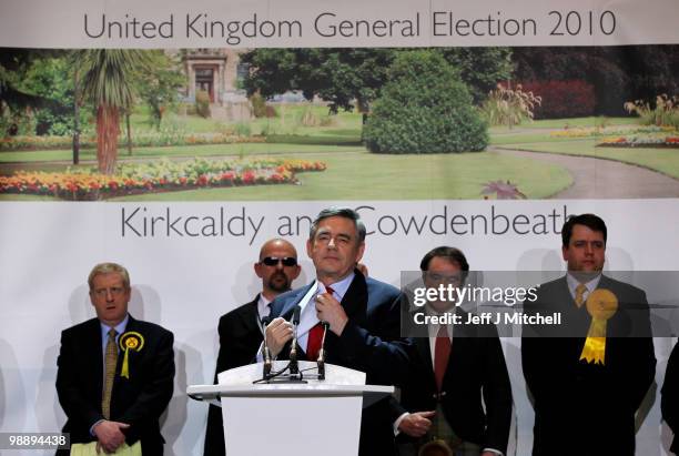 Prime Minister Gordon Brown makes his acceptance speech after retaining his parliamentry seat on May 7, 2010 in Kirkcaldy, Scotland. After 5 weeks of...