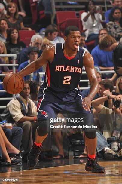 Joe Johnson of the Atlanta Hawks drives against the Orlando Magic in Game Two of the Eastern Conference Semifinals during the 2010 NBA Playoffs on...