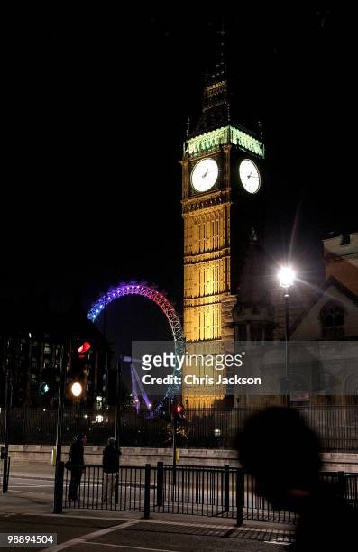 The London Eye is lit up on May 6, 2010 in London, United Kingdom. After 5 weeks of campaigning, including the first ever live televised Leader�s...
