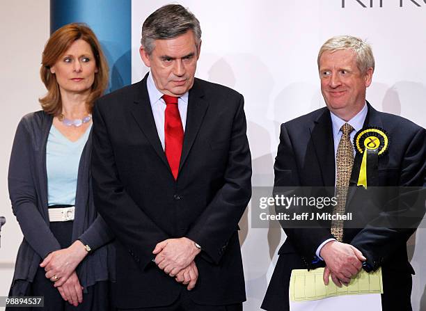 Prime Minister Gordon Brown prepares to make his acceptance speech after retaining his parliamentary seat on May 7, 2010 in Kirkcaldy, Scotland....