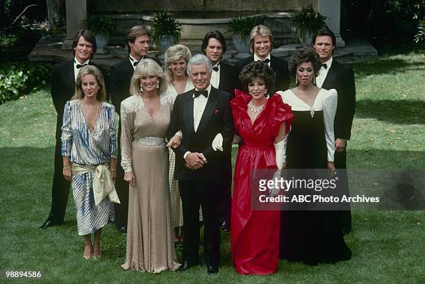 Portrait of cast members from an episode of the television show 'Dynasty,' Los Angeles, California, May 15, 1985. Pictured are actors Pamela...