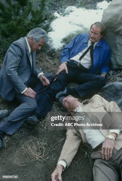 View of actors John Forsythe and Rock Hudson in a scene from an episode of the television show 'Dynasty,' Los Angeles, California, March 27, 1985....