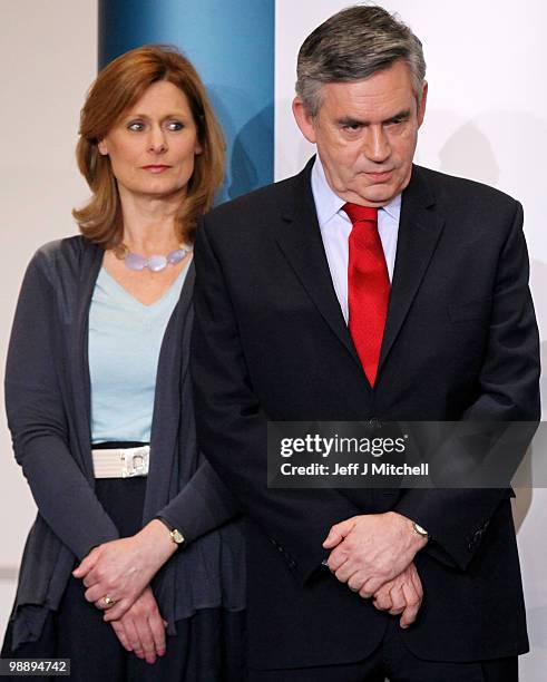 Prime Minister Gordon Brown prepares to make his acceptance speech as his wife Sarah after retaining his parliamentary seat on May 7, 2010 in...